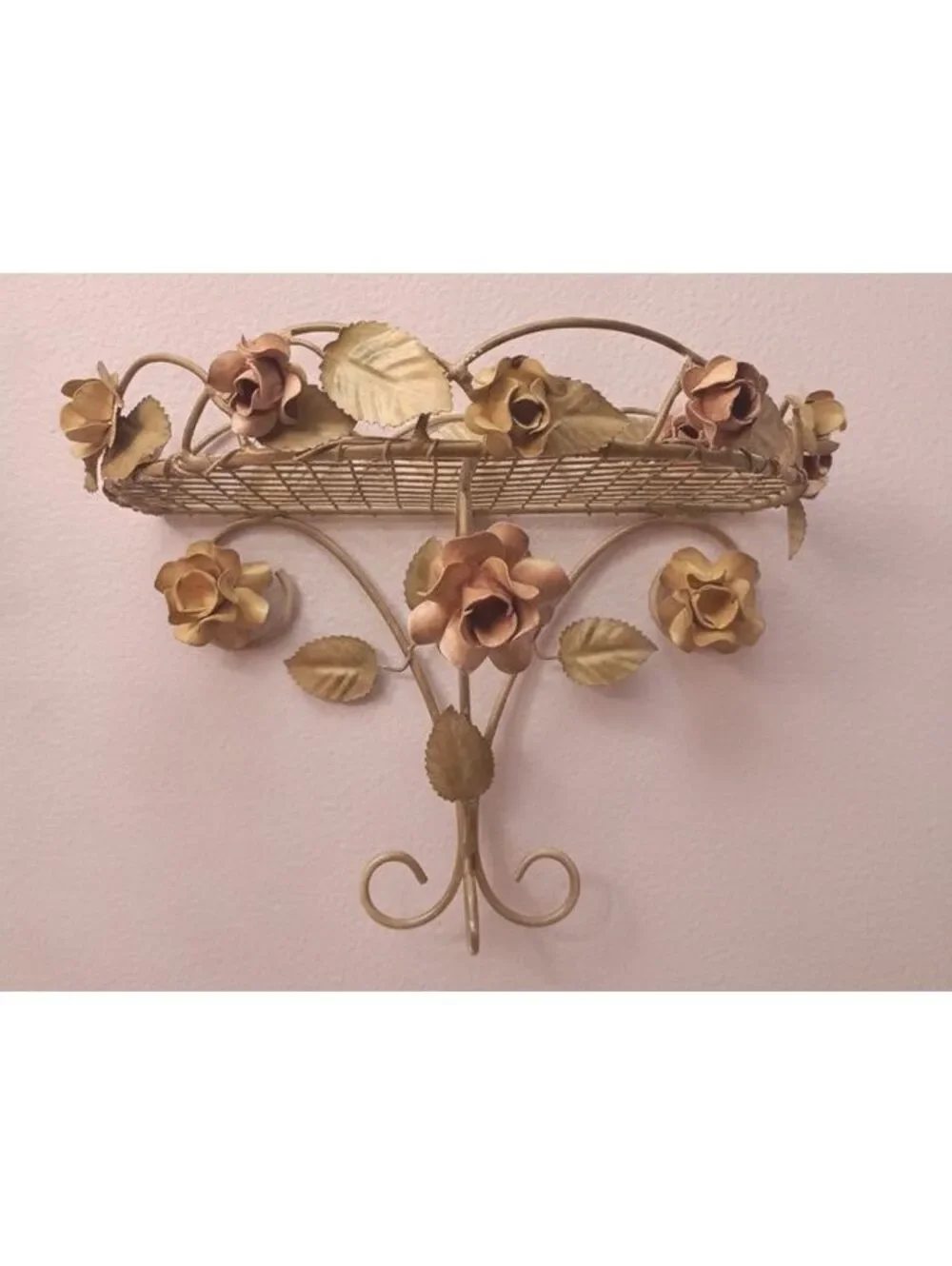 Vintage Italian Toleware Wire Mesh Wall Shelf w/ Hand-Painted Roses 8
